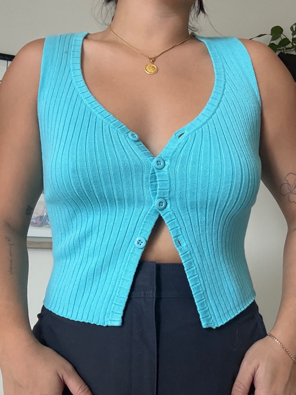 Turquoise Ribbed Button-Front Tank